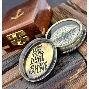 Brass Compass with Hardwood Box - LET Your Light Shine - Baptism Gifts, Thanksgiving, New Year, Christmas, Trekking Gifts, Graduation Day Gift, Gift for Travellers - Gift for Birthday