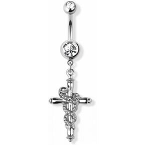 Pierced Owl 14GA 316L Stainless Steel CZ Crystal Cross with Snake Dangling Belly Button Ring