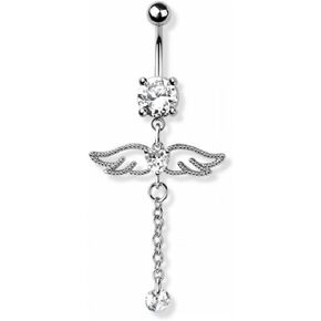 Pierced Owl 14GA 316L Stainless Steel CZ Crystal Angel Wings with Dangling Chain Belly Button Ring