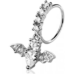 Pierced Owl 20GA 316L Stainless Steel CZ Crystal Lined Hoop with Dangling Bat Charm Bendable Nose Ring