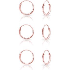 Set of 3 PAIRS of VERY TINY 925 Sterling Silver, 24K Yellow or 18K Rose Gold Plated Endless Hoop/Sleeper Earrings - Cartilage/Helix/Tragus - Thickness 1.2 mm - Same or Mixed Sizes - Outer Diameter 8, 10, 12, 14 mm