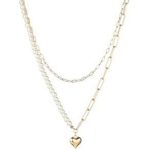 Chunky Heart Layered Necklace for Women Girls Gold Plated Vintage Charm Double Layer Puffy Love Hearts Simulated Pearl Beaded Paperclip Link Chain Choker Necklace for Birthday Holiday Trendy Jewelry Gifts