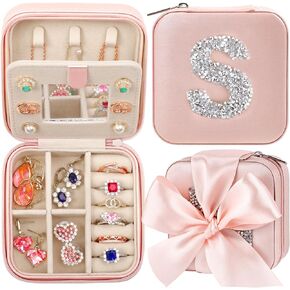 CHMI Travel gifts for women,bridesmaids gifts,small jewelry box,travel jewelry case,travel jewelry case organizer,jewelry organizer travel case,small jewelry travel case,Initial pink S