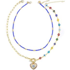 Colorful Beaded Necklace 18K Gold Plated Necklace Y2K Necklaces for Women Trendy Gemstone Necklace Natural Stone Freshwater Pearl Surfer Necklace Set…