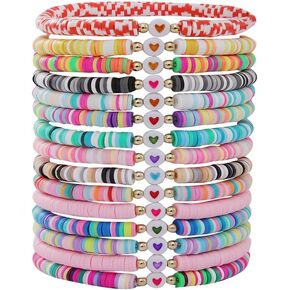 15Pcs Boho Heishi Surfer Bracelets Set Y2k Love Heart Charms Bracelets Stackable Vinyl Disc Colorful Clay Beaded Stretch Bracelet Boho Summer Beach Jewelry Gifts
