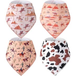4 Pcs Western Cowboy Baby Bandana Bibs Newborn Infant Feeding Drool Bibs Wild West Cotton Bib for Drooling and Teething Nursery Burp Cloths for Girls Boys