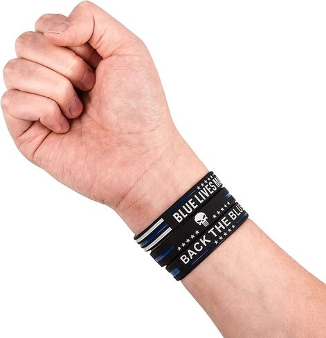 Blue Lives Matter Thin Blue Line American Flag Bracelets with Skull - Back The Blue Police Silicone Rubber Wristband Band Set - Support Law Enforcement Gifts for Police Cops, Men Women in Saudi Arabia