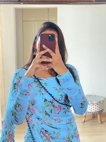 ساري نسائي جورجيت رقمي مطبوع جاهز للارتداء لمدة دقيقة واحدة مع قطعة بلوزة غير مخيطة in Kuwait