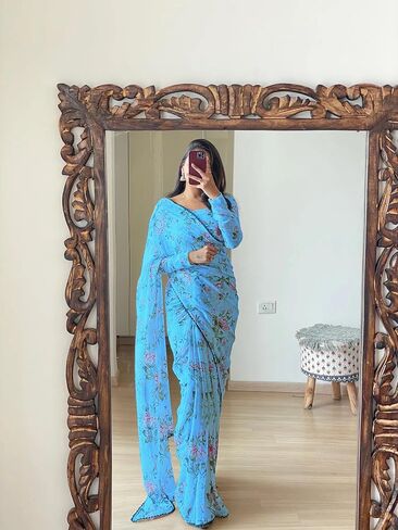 ساري نسائي جورجيت رقمي مطبوع جاهز للارتداء لمدة دقيقة واحدة مع قطعة بلوزة غير مخيطة in Kuwait