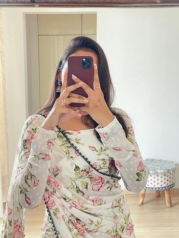 ساري نسائي جورجيت رقمي مطبوع جاهز للارتداء لمدة دقيقة واحدة مع قطعة بلوزة غير مخيطة in Kuwait