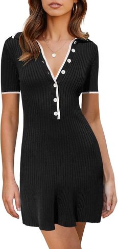 Saodimallsu Womens V Neck Short Sleeve Slim Fit Bodycon Sweater Dress Button Up Ribbed Knit Mini Summer Dresses in Saudi Arabia