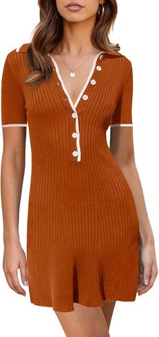 Saodimallsu Womens V Neck Short Sleeve Slim Fit Bodycon Sweater Dress Button Up Ribbed Knit Mini Summer Dresses in Saudi Arabia