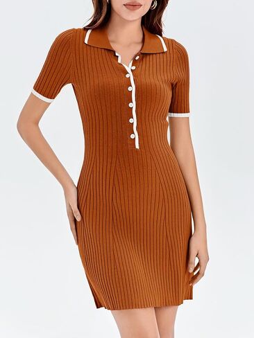 Saodimallsu Womens V Neck Short Sleeve Slim Fit Bodycon Sweater Dress Button Up Ribbed Knit Mini Summer Dresses in Saudi Arabia