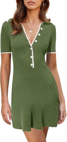 Saodimallsu Womens V Neck Short Sleeve Slim Fit Bodycon Sweater Dress Button Up Ribbed Knit Mini Summer Dresses in Saudi Arabia