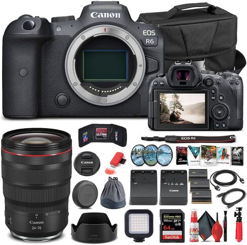 Canon EOS R6 Mirrorless Digital Camera (Body Only) (4082C002) + Canon RF 24-70mm Lens + 64GB Memory Card + Case + Corel Software + 2 x LPE6 Battery + External Charger + Card Reader + More (Renewed) in Saudi Arabia