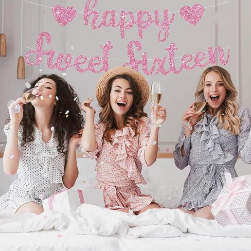 BEISHIDA Blue Happy Sweet 16 Birthday Banner, Pre-Strung Glitter Happy 16 Birthday Decoration for Girls，Happy 16th Birthday Sign for Women, Girls in Kuwait