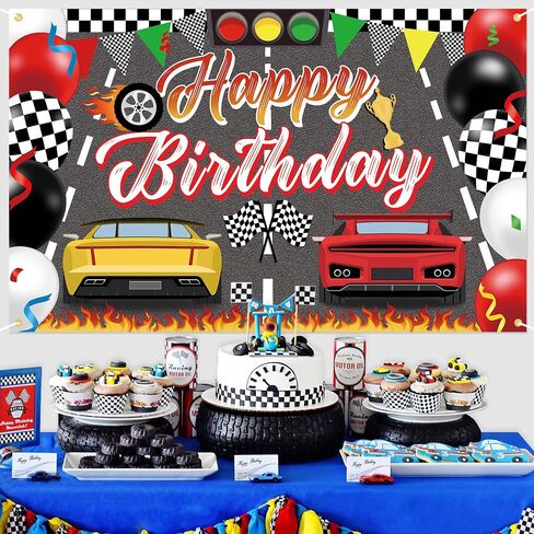Racing Cars Happy Birthday Decorations Backdrop Banner, Race Car Fast Birthday Party Decorations Photo Background Backdrop for Birthday Party Supplies Boys Children Men Celebration, 63 x 39.4Inch in Saudi Arabia