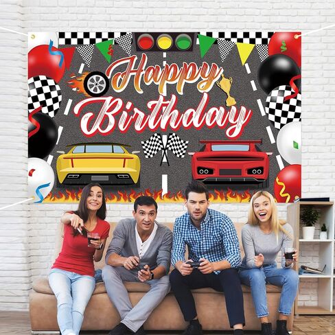 Racing Cars Happy Birthday Decorations Backdrop Banner, Race Car Fast Birthday Party Decorations Photo Background Backdrop for Birthday Party Supplies Boys Children Men Celebration, 63 x 39.4Inch in Saudi Arabia