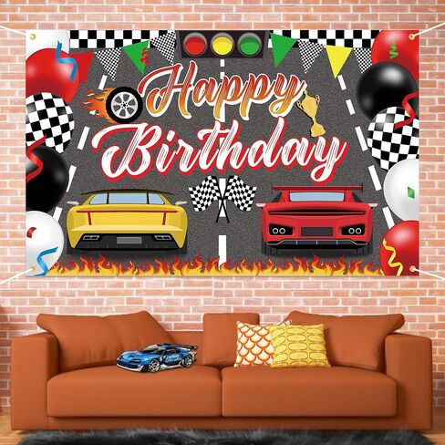 Racing Cars Happy Birthday Decorations Backdrop Banner, Race Car Fast Birthday Party Decorations Photo Background Backdrop for Birthday Party Supplies Boys Children Men Celebration, 63 x 39.4Inch in Saudi Arabia