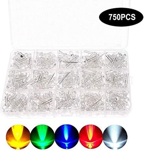 750 قطعة 3 مم من مصابيح LED الشفافة الباعثة للضوء، مجموعة متنوعة من مصابيح LED المستديرة 2 دبوس مع حقيبة تخزين لاردوينو - أبيض أصفر أحمر أخضر أزرق، 5 ألوان in Kuwait