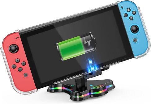 قاعدة شحن RGB للتبديل/التبديل لايت/OLED، دعامة محمولة قابلة للطي وغير قابلة للانزلاق للهاتف، حامل مفتاح شحن قابل للتعديل مع منفذ شاحن من النوع C (أسود) in Kuwait