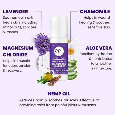 STIRLING Lavender Roll On Lotion - 1500mg Pure Hemp + Dead Sea Magnesium - Lavender Essential Oil Roll On - Promotes Relaxation, Calmness, Better Sleep - Organic, Paraben-Free, THC-Free, Made in USA in Saudi Arabia