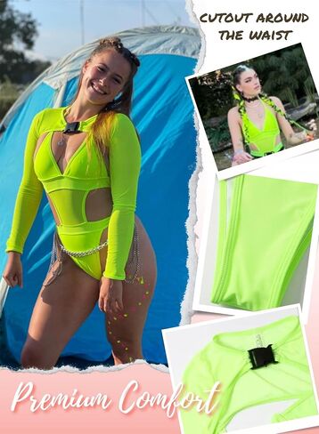 Rave Outfits for Women - Sexy Neon EDC Festival Bodysuit Buckle Crop Top Club Party Mesh Cutout Swimsuit 2Pcs Set in Saudi Arabia