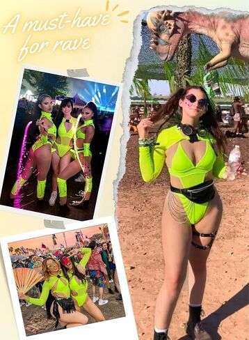 Rave Outfits for Women - Sexy Neon EDC Festival Bodysuit Buckle Crop Top Club Party Mesh Cutout Swimsuit 2Pcs Set in Saudi Arabia