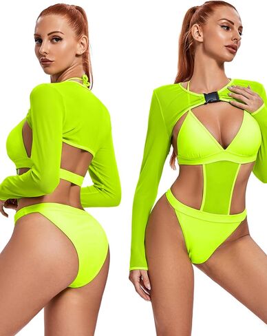 Rave Outfits for Women - Sexy Neon EDC Festival Bodysuit Buckle Crop Top Club Party Mesh Cutout Swimsuit 2Pcs Set in Saudi Arabia
