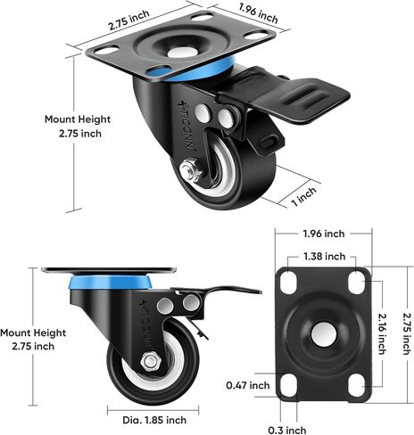 TICONN 2'' Swivel Caster Wheels Set of 4, with 4 Safety Brakes, Poly No Noise Non-Marking, Heavy Duty Plate Casters in Saudi Arabia