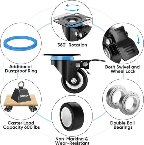 TICONN 2'' Swivel Caster Wheels Set of 4, with 4 Safety Brakes, Poly No Noise Non-Marking, Heavy Duty Plate Casters in Saudi Arabia
