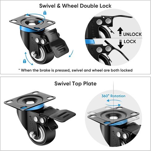 TICONN 2'' Swivel Caster Wheels Set of 4, with 4 Safety Brakes, Poly No Noise Non-Marking, Heavy Duty Plate Casters in Saudi Arabia