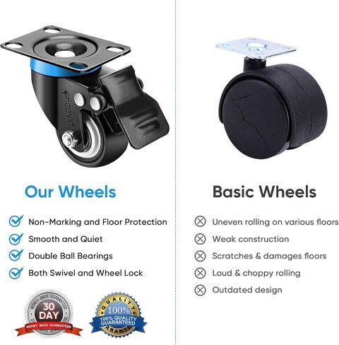 TICONN 2'' Swivel Caster Wheels Set of 4, with 4 Safety Brakes, Poly No Noise Non-Marking, Heavy Duty Plate Casters in Saudi Arabia