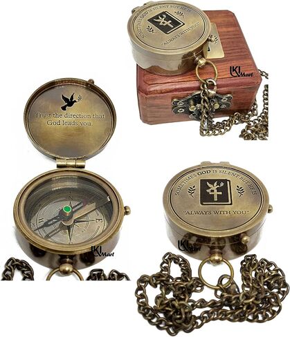 U.K MART-Brass Compass GOD هدايا دينية للرجال، هدية معمودية للمراهقين، المسيحية، الكاثوليكية، التواصل، التأكيد، التخرج، هدية عاطفية وملهمة - صندوق خشبي متضمن in Saudi Arabia