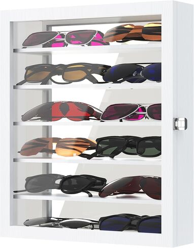 منظم نظارات شمسية مثبت على الحائط، حافظة عرض النظارات، حامل نظارات من خشب الصنوبر مع مرآة سفلية، صندوق نظارات تخزين كبير مع 6 أرفف قابلة للإزالة، حماية ضد الغبار، أبيض in Kuwait