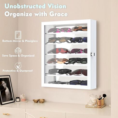 منظم نظارات شمسية مثبت على الحائط، حافظة عرض النظارات، حامل نظارات من خشب الصنوبر مع مرآة سفلية، صندوق نظارات تخزين كبير مع 6 أرفف قابلة للإزالة، حماية ضد الغبار، أبيض in Kuwait