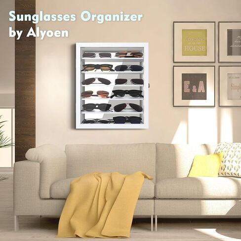 منظم نظارات شمسية مثبت على الحائط، حافظة عرض النظارات، حامل نظارات من خشب الصنوبر مع مرآة سفلية، صندوق نظارات تخزين كبير مع 6 أرفف قابلة للإزالة، حماية ضد الغبار، أبيض in Kuwait