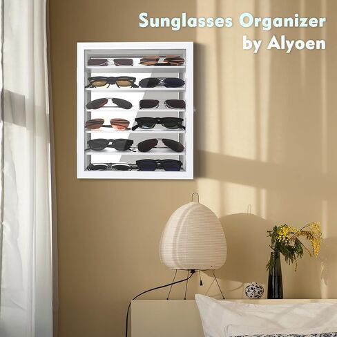 منظم نظارات شمسية مثبت على الحائط، حافظة عرض النظارات، حامل نظارات من خشب الصنوبر مع مرآة سفلية، صندوق نظارات تخزين كبير مع 6 أرفف قابلة للإزالة، حماية ضد الغبار، أبيض in Kuwait