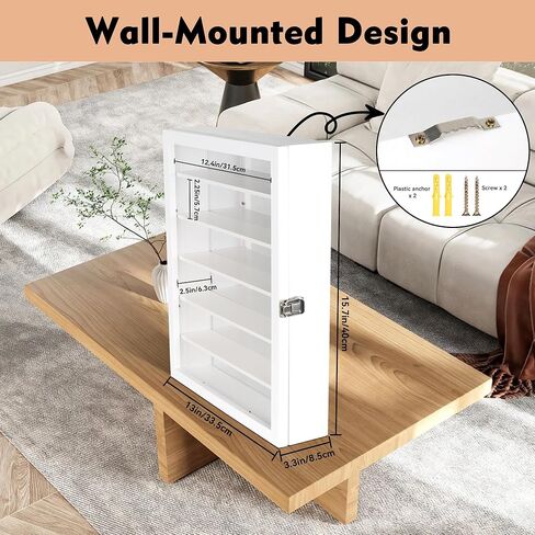 منظم نظارات شمسية مثبت على الحائط، حافظة عرض النظارات، حامل نظارات من خشب الصنوبر مع مرآة سفلية، صندوق نظارات تخزين كبير مع 6 أرفف قابلة للإزالة، حماية ضد الغبار، أبيض in Kuwait