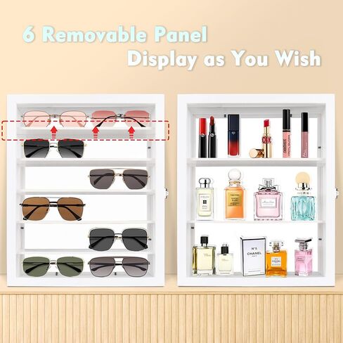 منظم نظارات شمسية مثبت على الحائط، حافظة عرض النظارات، حامل نظارات من خشب الصنوبر مع مرآة سفلية، صندوق نظارات تخزين كبير مع 6 أرفف قابلة للإزالة، حماية ضد الغبار، أبيض in Kuwait