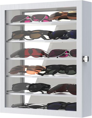 منظم نظارات شمسية مثبت على الحائط، حافظة عرض النظارات، حامل نظارات من خشب الصنوبر مع مرآة سفلية، صندوق نظارات تخزين كبير مع 6 أرفف قابلة للإزالة، حماية ضد الغبار، أبيض in Kuwait