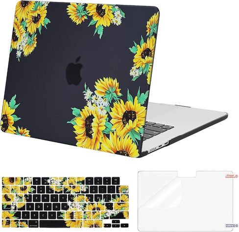 MOSISO Compatible with MacBook Air 15 inch Case 2023 2024 Release M3 A3114 M2 A2941 with Touch ID, Plastic Sunflower Hard Shell Case & Keyboard Cover Skin & Screen Protector, Black in Saudi Arabia
