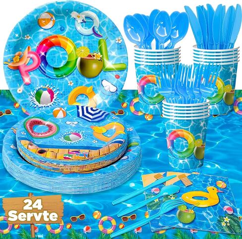 Summer Pool Party Supplies Tableware,169pcs Pool Birthday Tableware Set - Pool Party Plates and Napkins Sets, Pool Party Cups & Tablecloth etc Summer Pool Tableware for Summer Pool Party Decor in Saudi Arabia