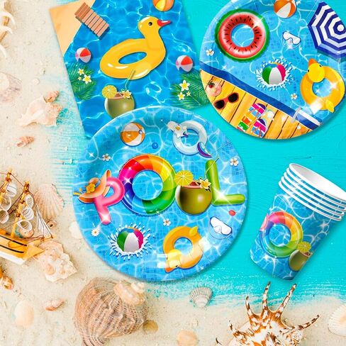 Summer Pool Party Supplies Tableware,169pcs Pool Birthday Tableware Set - Pool Party Plates and Napkins Sets, Pool Party Cups & Tablecloth etc Summer Pool Tableware for Summer Pool Party Decor in Saudi Arabia