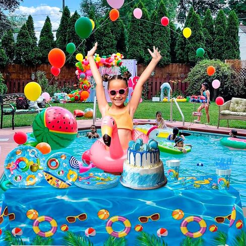 Summer Pool Party Supplies Tableware,169pcs Pool Birthday Tableware Set - Pool Party Plates and Napkins Sets, Pool Party Cups & Tablecloth etc Summer Pool Tableware for Summer Pool Party Decor in Saudi Arabia