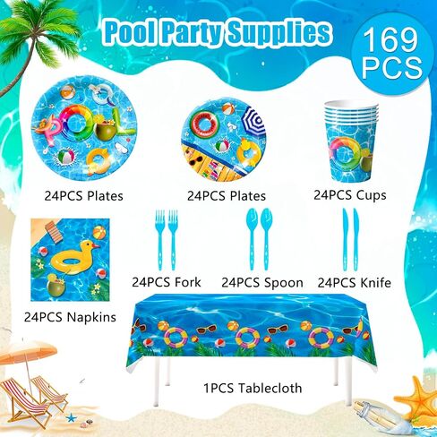 Summer Pool Party Supplies Tableware,169pcs Pool Birthday Tableware Set - Pool Party Plates and Napkins Sets, Pool Party Cups & Tablecloth etc Summer Pool Tableware for Summer Pool Party Decor in Saudi Arabia
