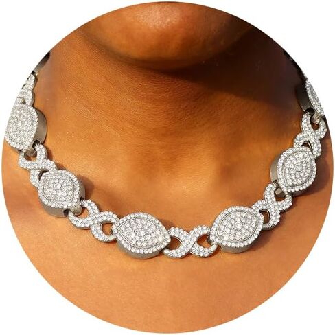 Eye Cuban Link Chain for Women, Gold Silver Diamond Prong Cuban Chain, Hip Hop Iced Out Chain Necklace With Safety Buckle for Women Girls Jewelry Gift in Saudi Arabia