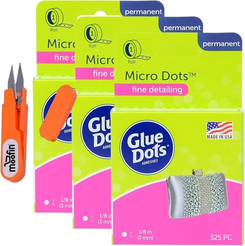 Glue Dots Brand - Double Sided, Permanent Sticky Glue Dots, 1/8" Micro Size for Crafting & DIY, 325 Dots - Includes Embroidery Scissors - Precise Adhesive for Jewelry, Scrapbooking [Pack of 3] in Saudi Arabia