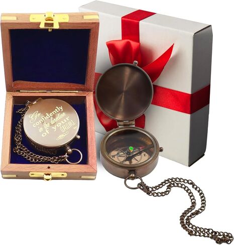 Nautical Antique Brass Compass with Wooden Box - Unique Gift Ideas for Men & Women - Navigational Vintage Marine Engraved Compass with Wooden Box in Saudi Arabia