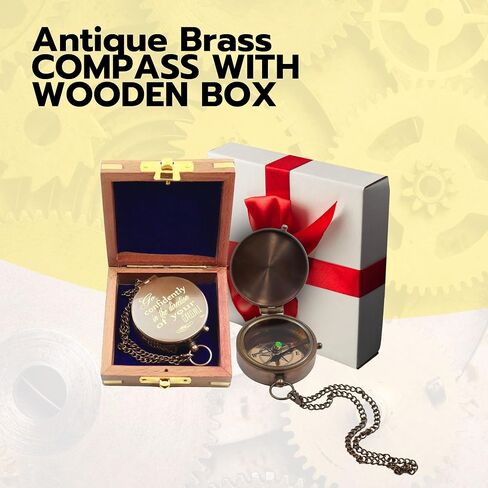 Nautical Antique Brass Compass with Wooden Box - Unique Gift Ideas for Men & Women - Navigational Vintage Marine Engraved Compass with Wooden Box in Saudi Arabia